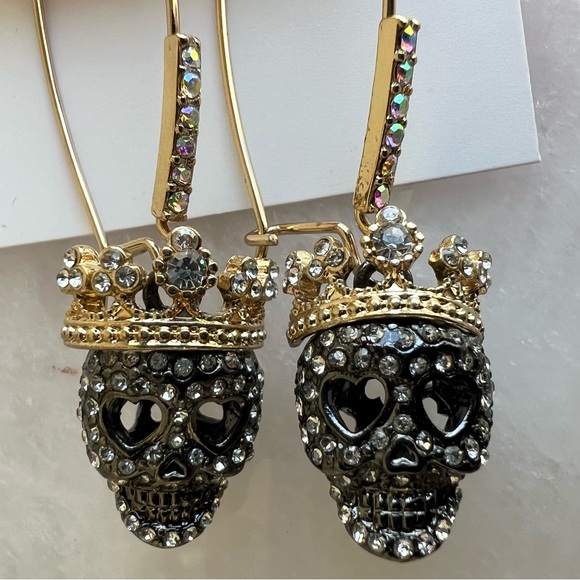 Betsey Johnson Gold Crowns and Black Sparkling Skull Earrings - Picture 2 of 4